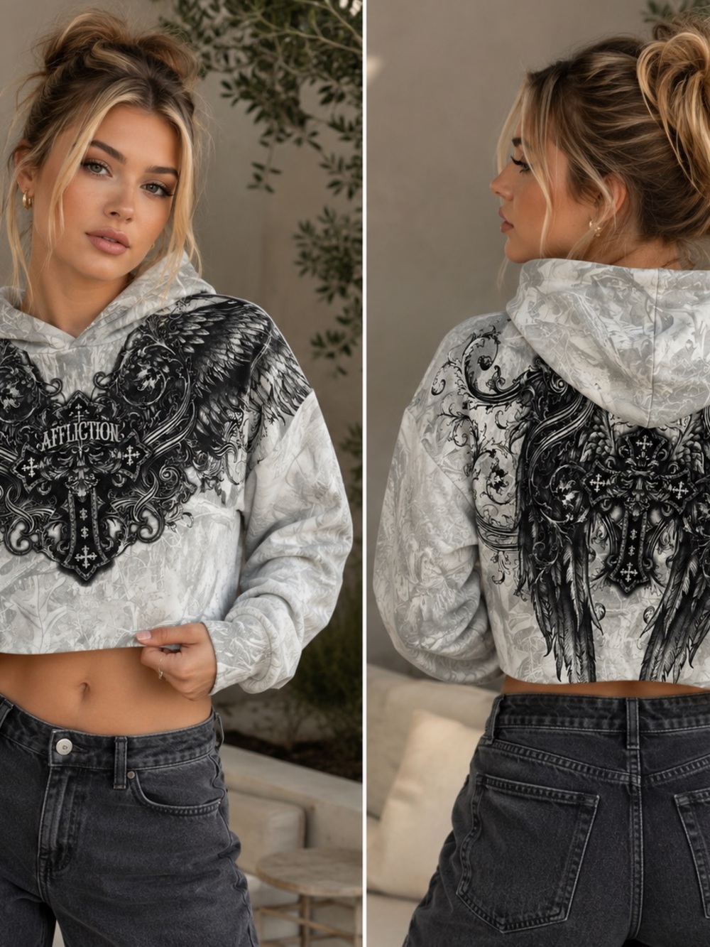 Affliction Light Gray Cropped Hoodie with Black Winged Cross Graphic